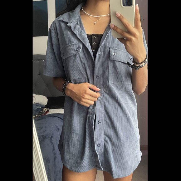Short Sleeve Dusty Blue Corduroy Button-Up - Picture 2 of 2